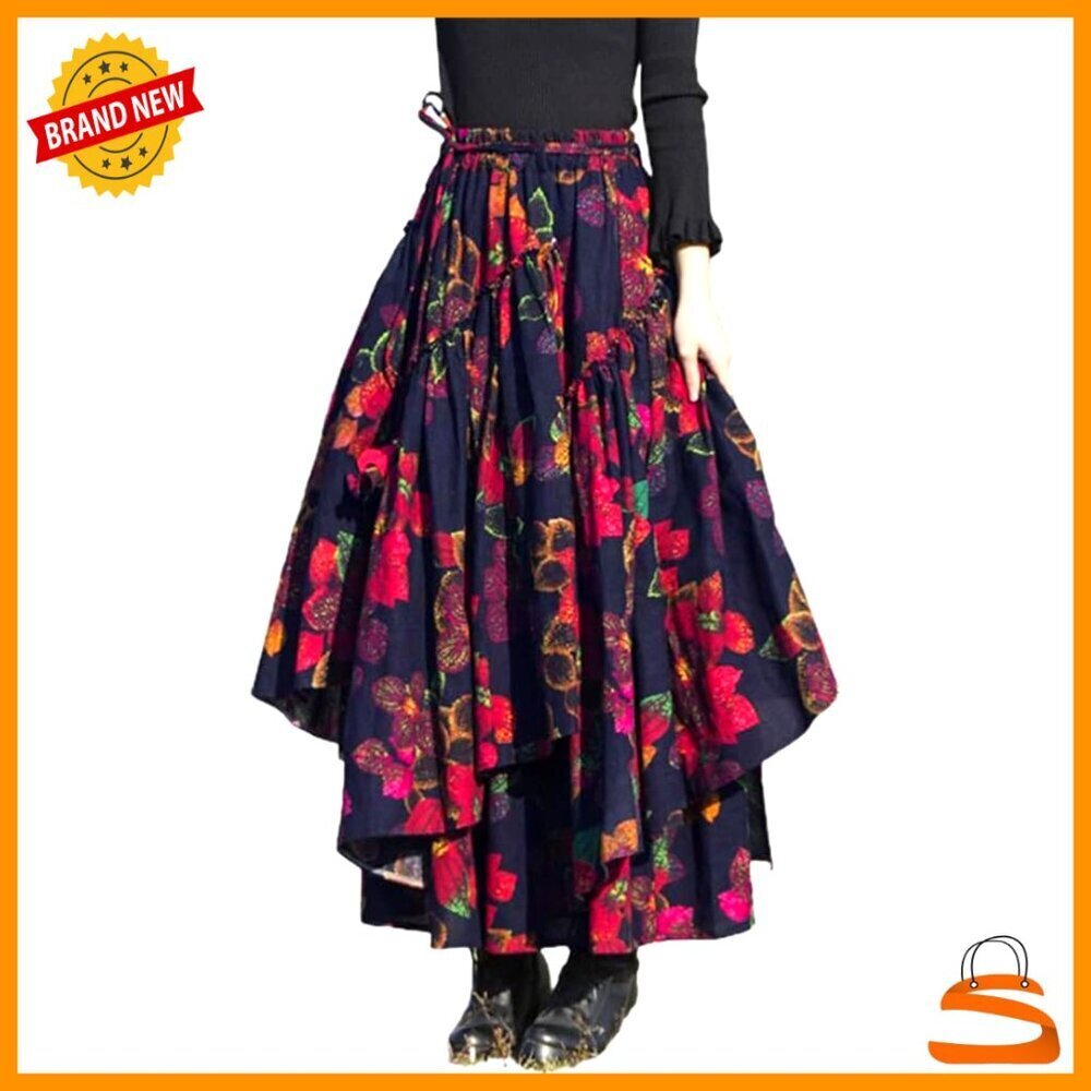 Elastic Waist A-Line Maxi Skirt Retro Pleated Linen Casual Boho Swing